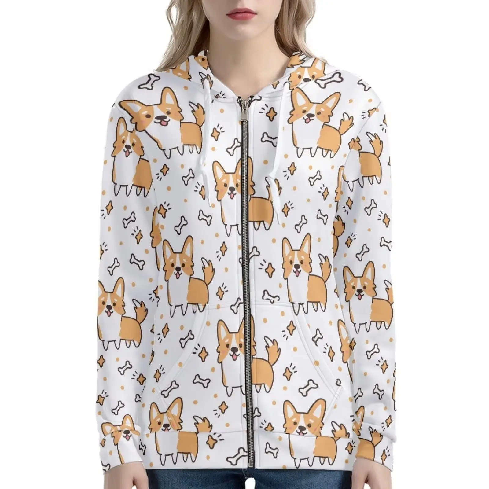 HX Funny Corgi Hoodies Cute Animal Dogs Zip Up Hoodie Pockets Coat Spring Autumn Sweatshirts Harajuku Men For Women Clothing