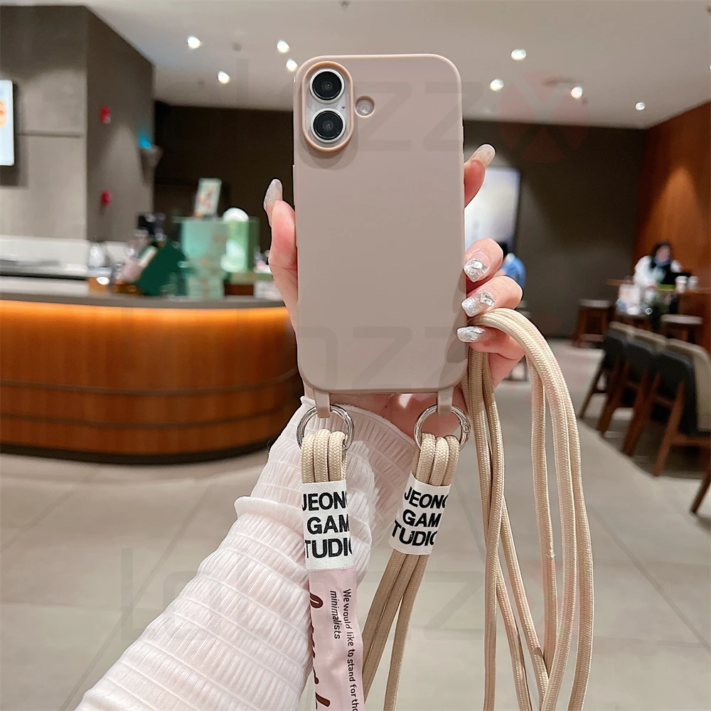 Crossbody Necklace Strap Cord Matte Soft Phone Case For iPhone 16 15 Pro Max 14 Plus 13 12 11 Liquid Silicone Shockproof Cover_voghion.com