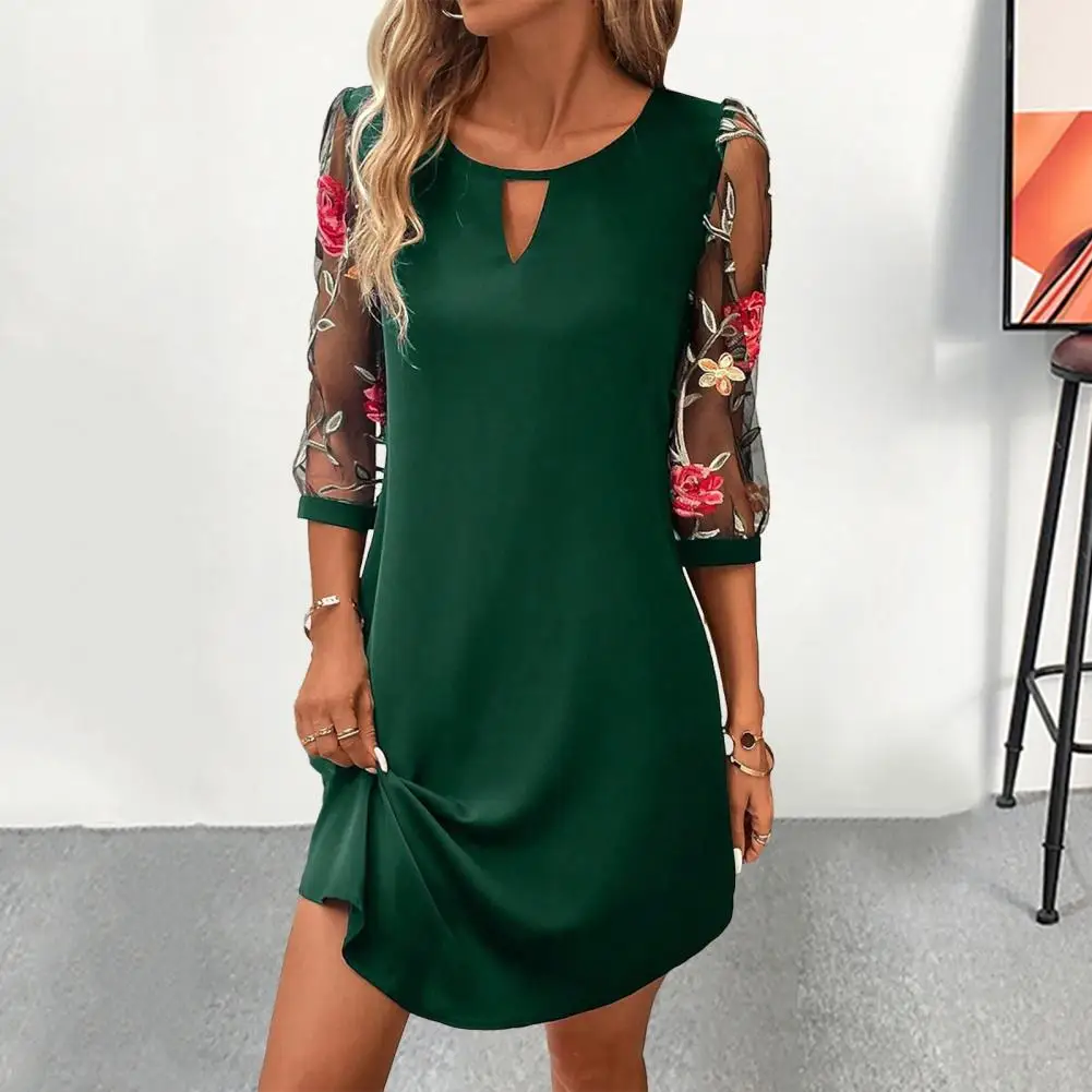 

Casual Mini Dress Flower Embroidery Mesh Mini Dress Spring Summer Round Neck Hollow Out Three Quarter Sleeve Lady Dress Above