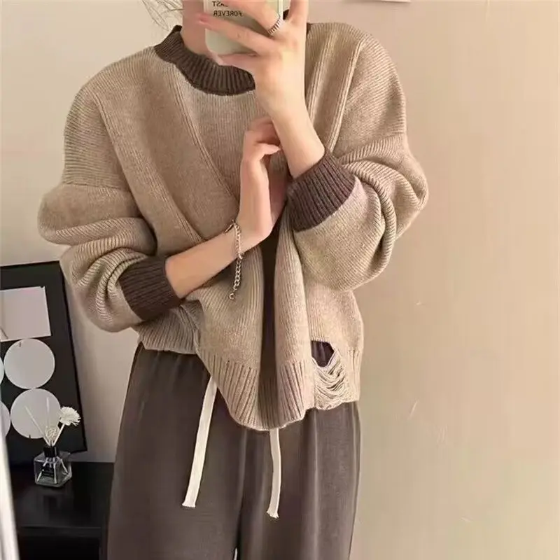 

Fashion Broken Holes Sweater Knitwear Autumn 2023 New Loose O Neck Long Sleeve Patchwork Pullover for Women Knitted Jumpers T314