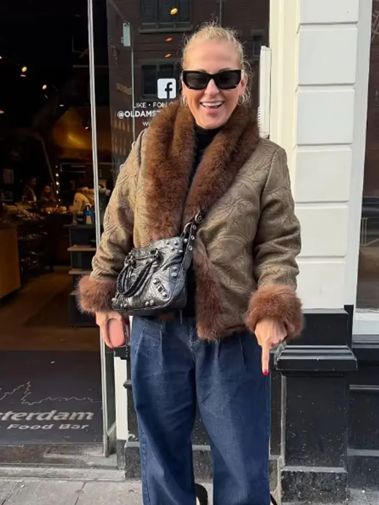 HH Women Elegant Fashion Embroidery Cardigan Coats Long Sleeve Faux Fur Collar Jacket Autumn Winter Warm High Street Outerwear