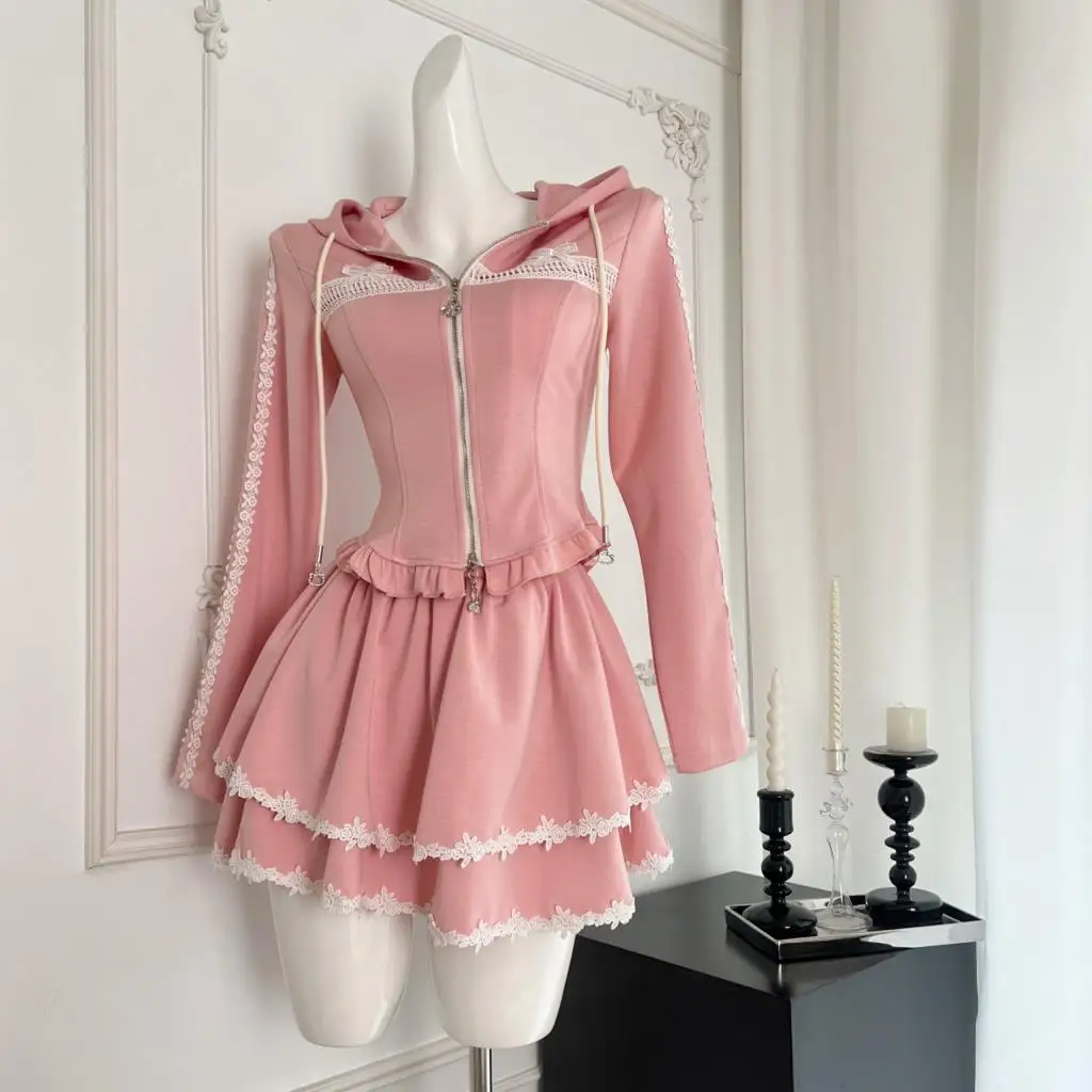 Conjunto de chándal de 2 piezas Y2K para mujer, con capucha y cremallera, abrigo ajustado con retazos de encaje y volantes, minifalda, moda coreana de otoño, conjuntos sólidos