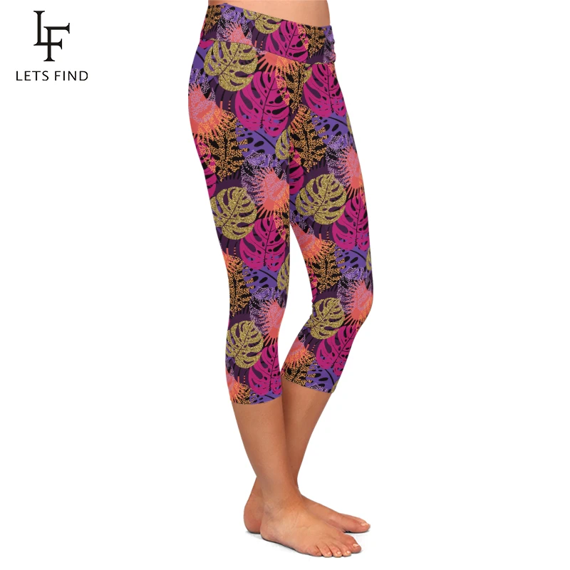 LETSFIND New Leaf Print Women Pants High Waist  220gsm Milk Silk Mid-Calf Elastic Stretch Trouser Casual Capri Leggings