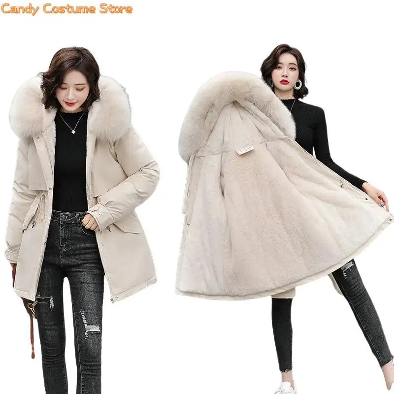 Women Parka Fashion Long Coat Wool Liner Hooded Parkas Slim with Fur Collar Warm Snow Wear Padded Clotheswinter Jacket