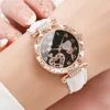 3pcs/set Women Fashion Leather Strap Heart-shaped Dial Quartz Watch for Ladies Black White Pink Set 4