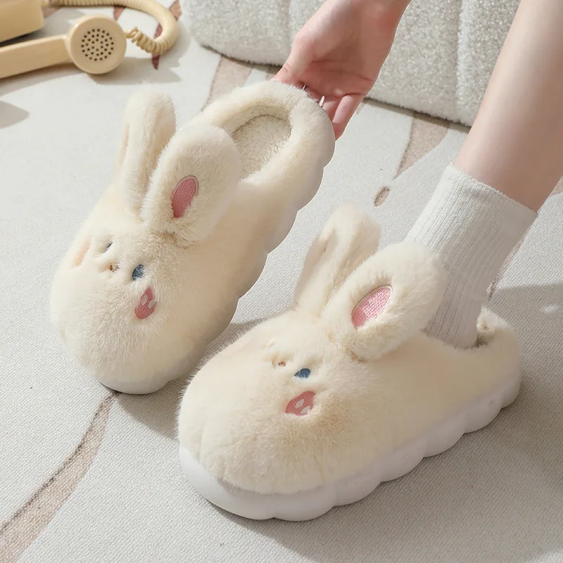 Winter Funny Cartoon Slippers Women Indoor Cute Rabbit Ear Sandals Men Indoor Plush Non-slip Warm Sandal Adult Solid Color Shoes 3