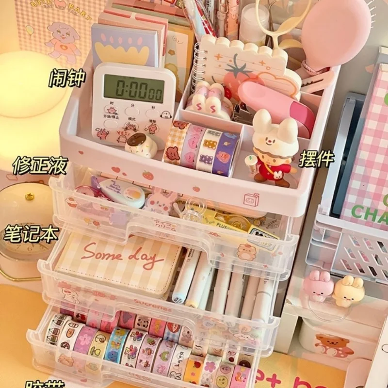Drawer Storage Box Ins Transparent Drawer Storage Box Pink Cosmetic Finishing Makeup Box Dormitory Kawaii Shelf Cute Girl Heart Desktop Organizer