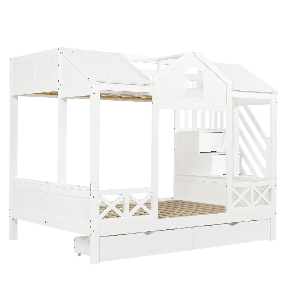 90 x 200 cm und 140 x 200 cm großes Etagenbett, zwei Schubladen mit Rollen, Bett mit Fenster und Dach, Treppenschrank mit 4 Ablagefächern – Detail 16
