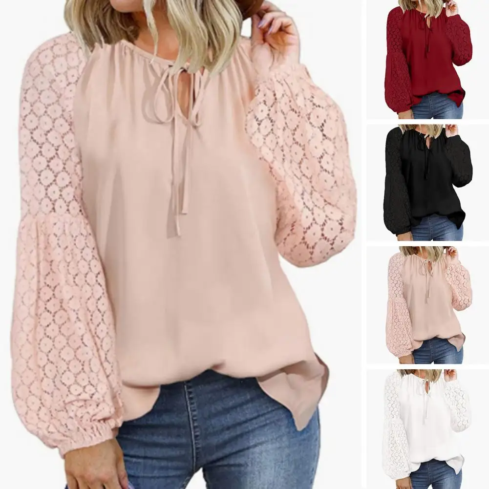

Women Blouses Elegant Shirt Hollow Out Lace Long Sleeve Solid Color Patchwork Lantern Sleeve Lace Up Strap Round Neck Blouse Top