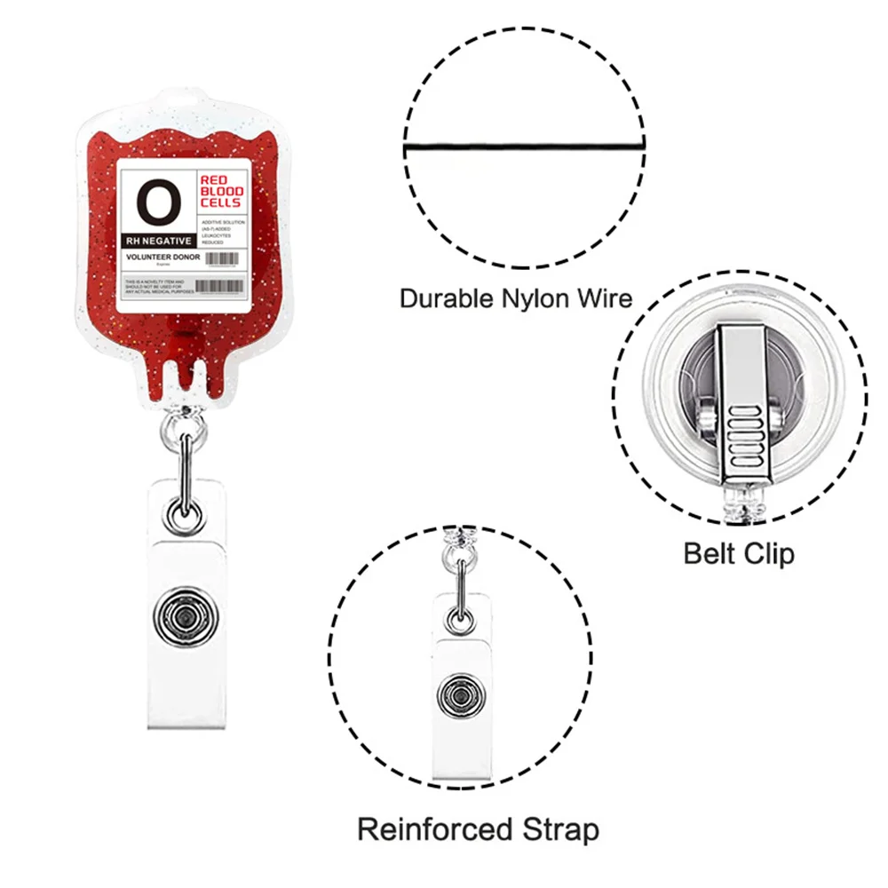 Acrylic Glitter Blood Type Bag Clip Crocodile Clip Doctor Nurse Work Badge Holder Student Teacher Retractable Badge Reel 3
