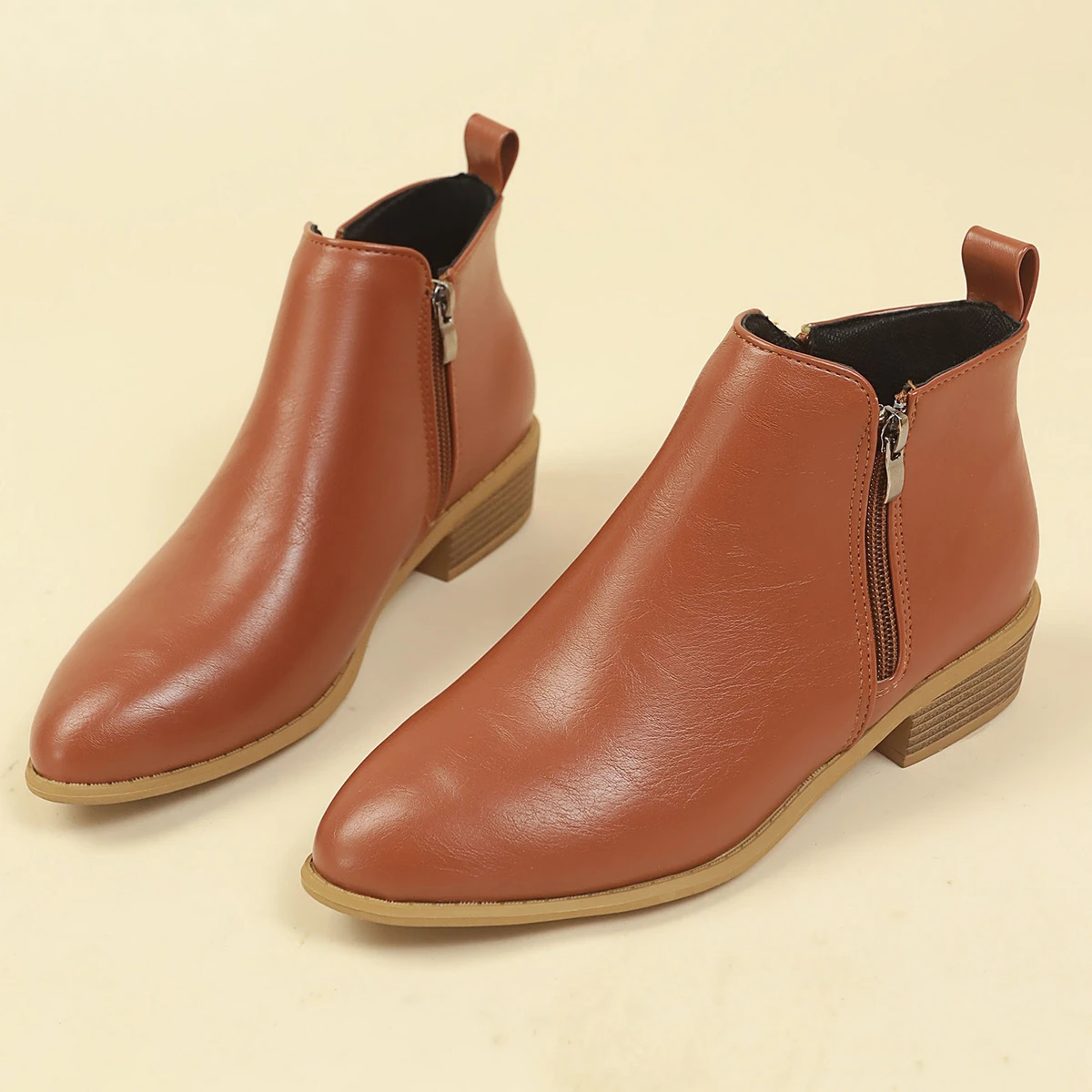 Women's boots Fashion pointed ankle boots Square heel wear-resistant side zipper large size women's boots brown beige