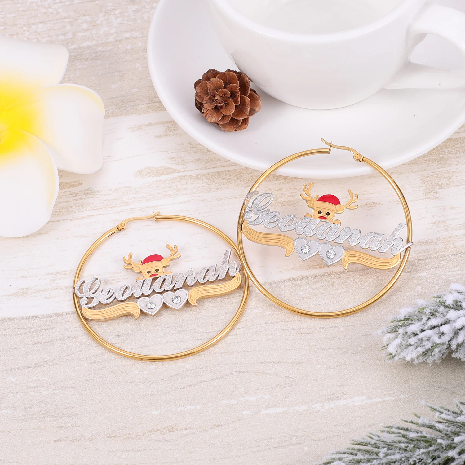 New Christmas Gifts Customized Name Earrings Two Tone 18K Gold Plated Snowman Personalized Hoop Name Earrings for Women Girls earrings christmas tree rhinestone alloy earrings in silver size one size