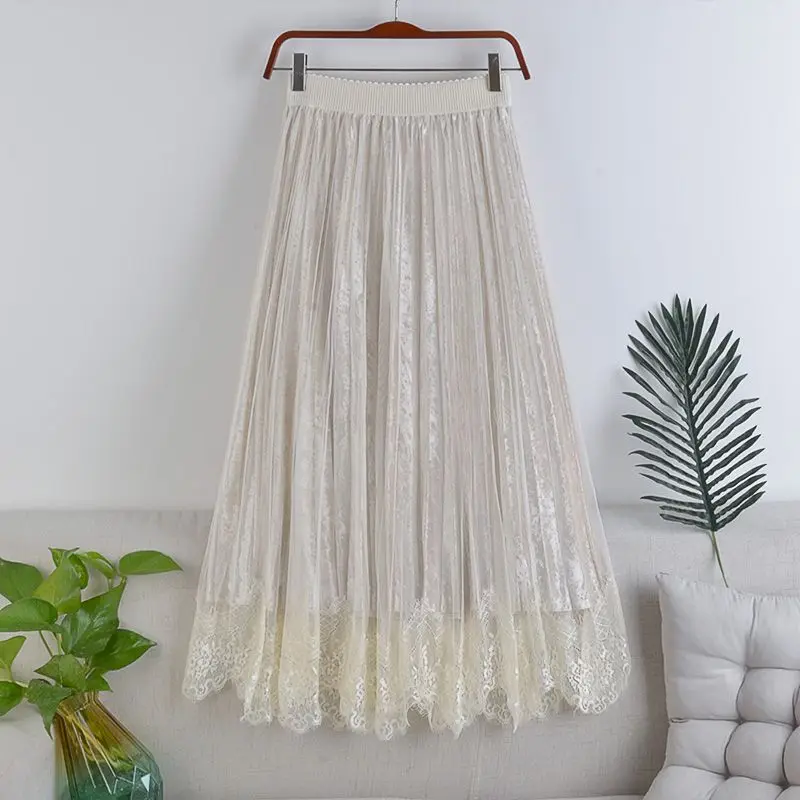 

Autumn and Winter Skirt Female 2023 Golden Velvet Pleated Skirt Medium Length High Waist Slim Lace Mesh Skirt Drop Long Skirt