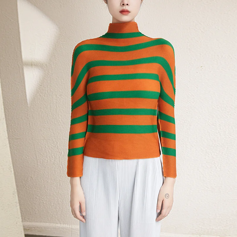 tops-women-turtleneck-2022-autumn-new-fashion-striped-slimming-stretch-miyake-pleated-basic-tee-top