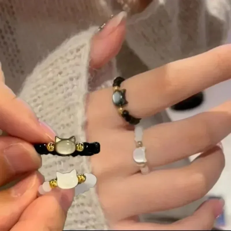 천연 월장석 흑요석 반지 비즈 미니멀리스트 피젯 링, 귀여운 블랙 화이트 고양이 반지, 남녀공용 파티 액세서리 쥬얼리, 2 개 