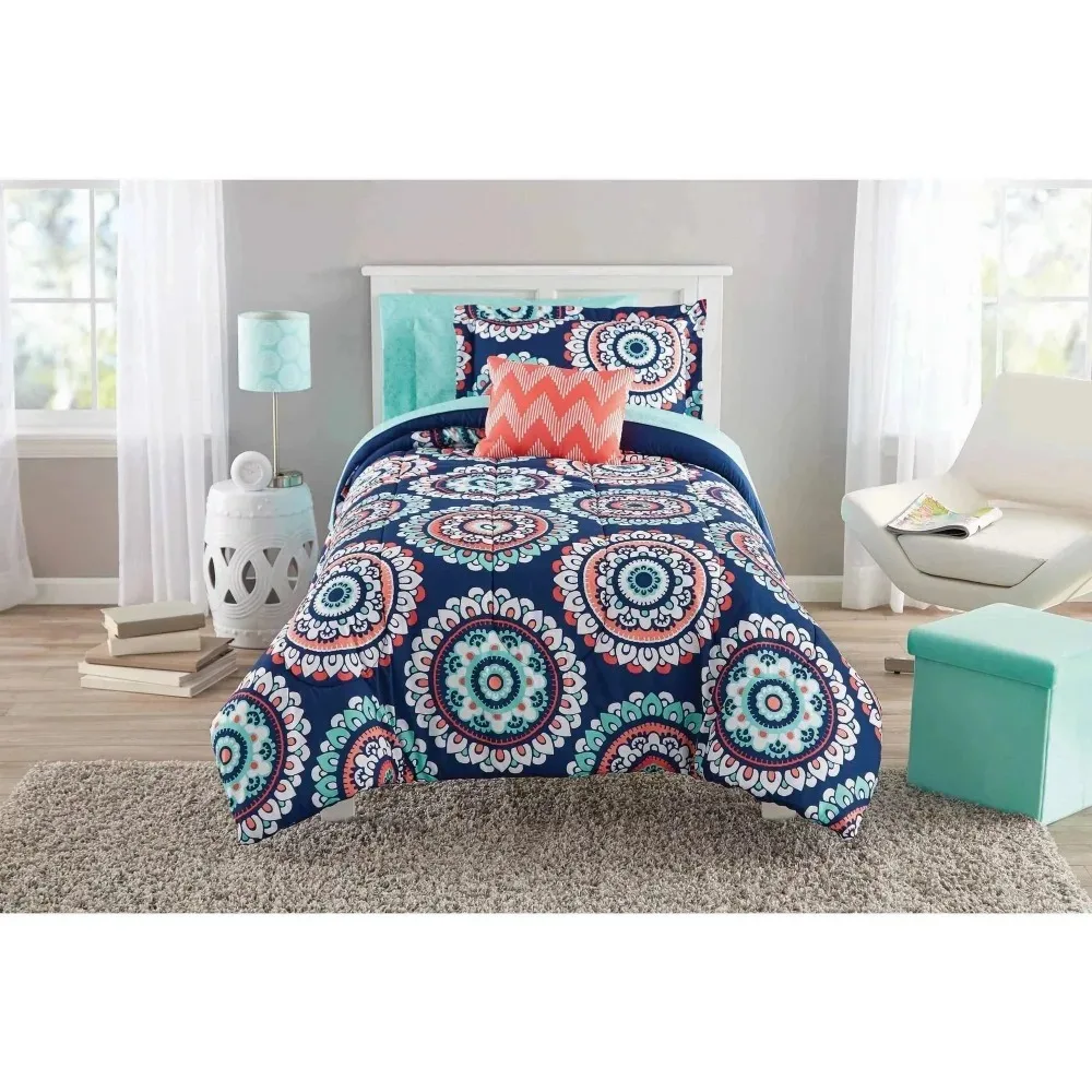 

Mainstays Blue Medallion 6 Piece Bed in a Bag Comforter Set With Sheets, Twin/Twin XL