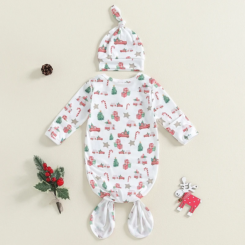 Christmas Baby Gown with Hat Tie Bottom Newborn Receiving Blanket Cap Set for Boys Girls