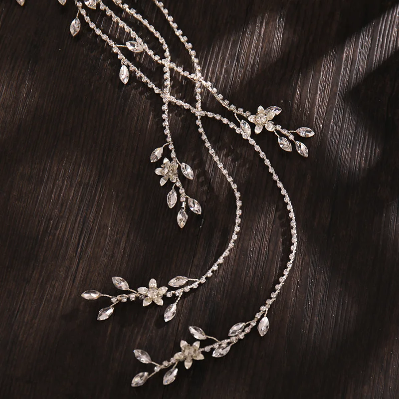 Luxus Braut haarkamm lange Kette Strass Kopf bedeckung Gold Silber Blume Stirnband Hochzeits schmuck Kristall Kopf bedeckung Ornamente – Detail 2