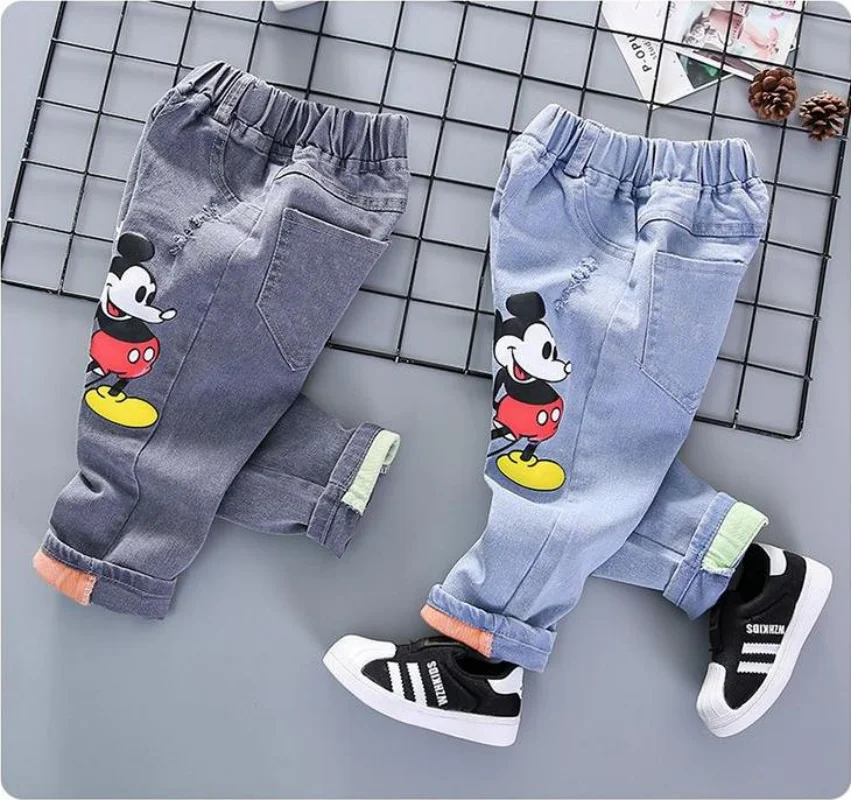 Disney Children Cartoon Mickey Mouse Jeans Spring Autumn Baby Girls Boys Straight Denim Pants Kids Fashion Casual Trousers 1-6Y