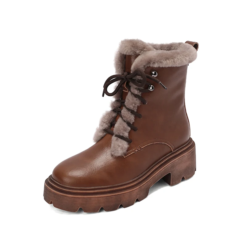 

2022 European Russia winter boots natural leather warm snow boots 22-24.5cm One fur cow+wool ankle boots lace-up Woolen boots