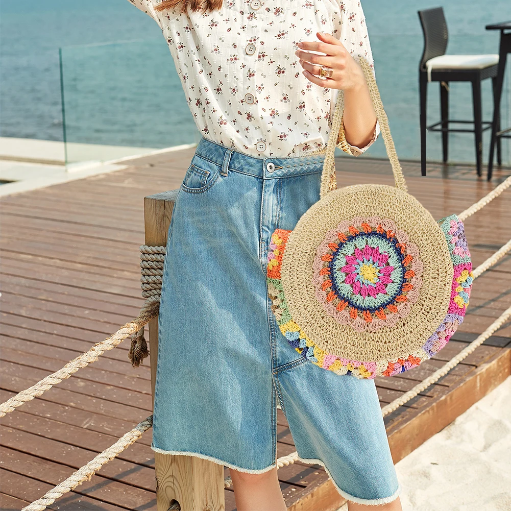 Women Fashion Large Capacity Straw Woven Tote Handbag Stylish Ethnic Shoulder Bag for Travel and Vacation