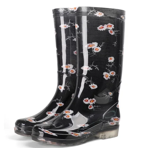 여성용 Galoshes 꽃 프린트 레인 부츠, 방수 작업 정원 워터 슈즈, 미끄럼 방지 고무 부츠, 높은 레인 슈즈 5