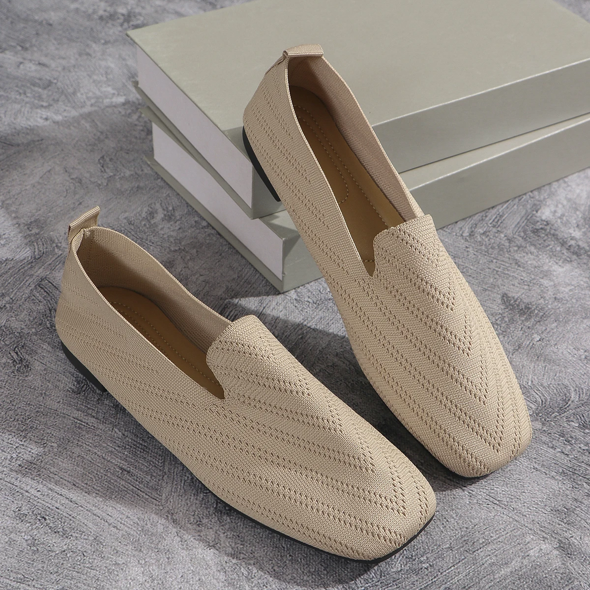 2024 Solid Color Square Toe Mesh Loafers Shallow Women Flats Shoes