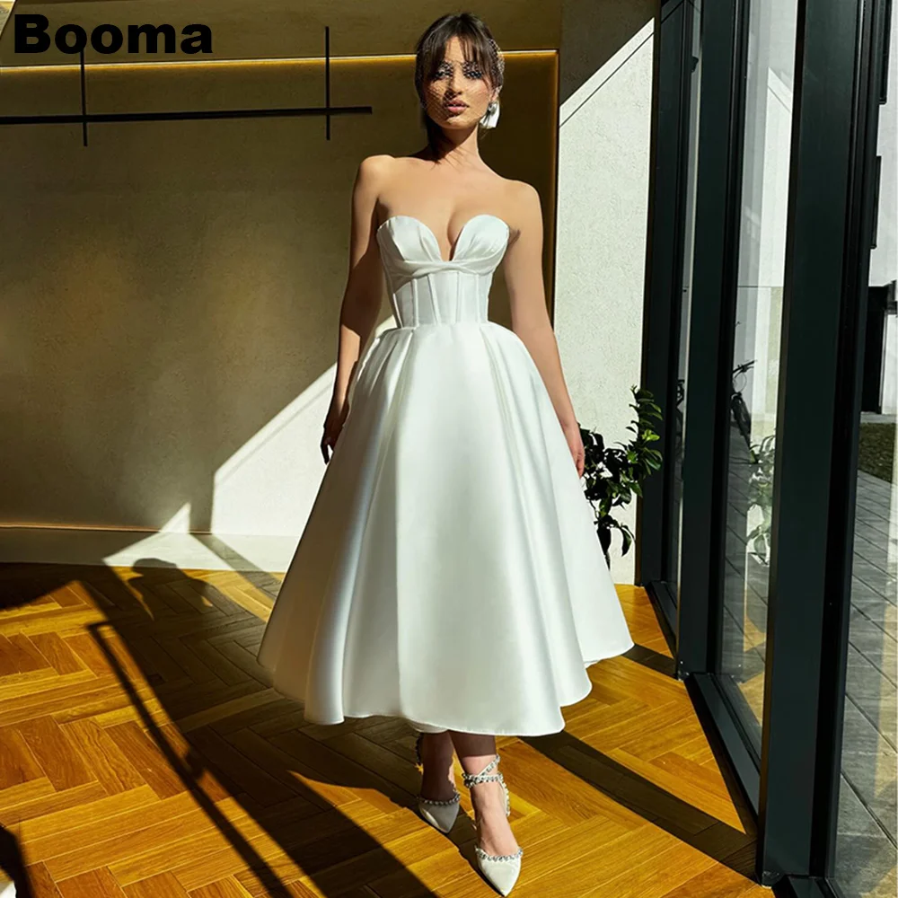 

Booma A-Line Midi Wedding Party Dresses Sweetheart Sleevless Stain Brides Gowns Tea-Length Simple Bridas Evening Dress for Women