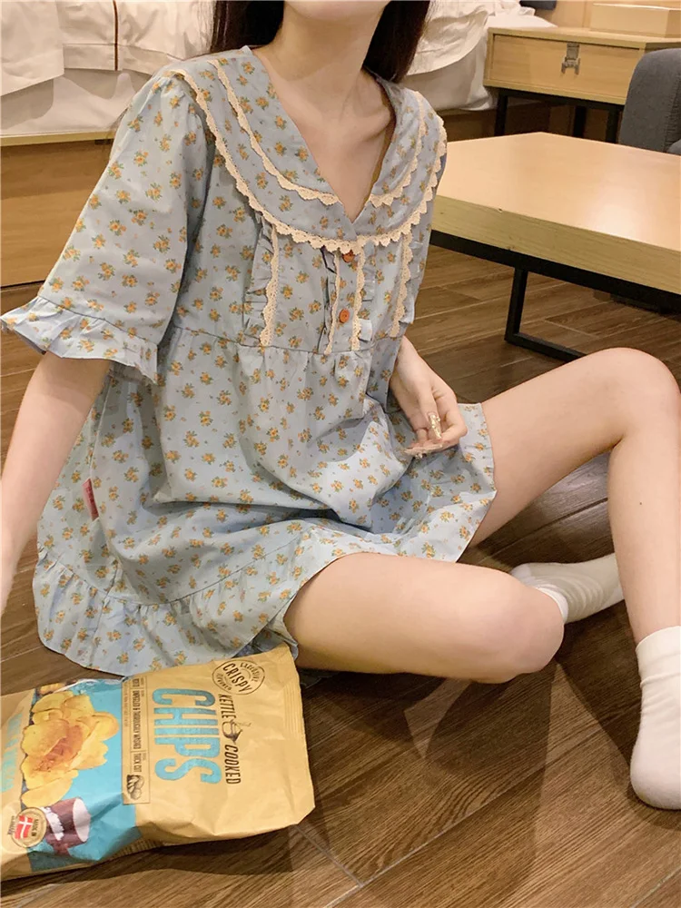 Soft Floral New Summer Print Flowers NightDress 100%Cotton Short Sleeve Pajama Set Women Cute Sweet Loose Casual Sleep Tops Ins