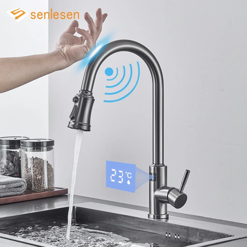 SmartDigitalDisplayKitchenFaucetSensorTouchFaucetsFlexiblePull