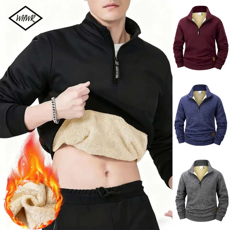 Männer Fleece Gefüttert Sweatshirts Winter Warme Pullover Halb Zipper Pullover für Männliche Hoody Outdoor Sweatshit Einfarbig Stehkragen