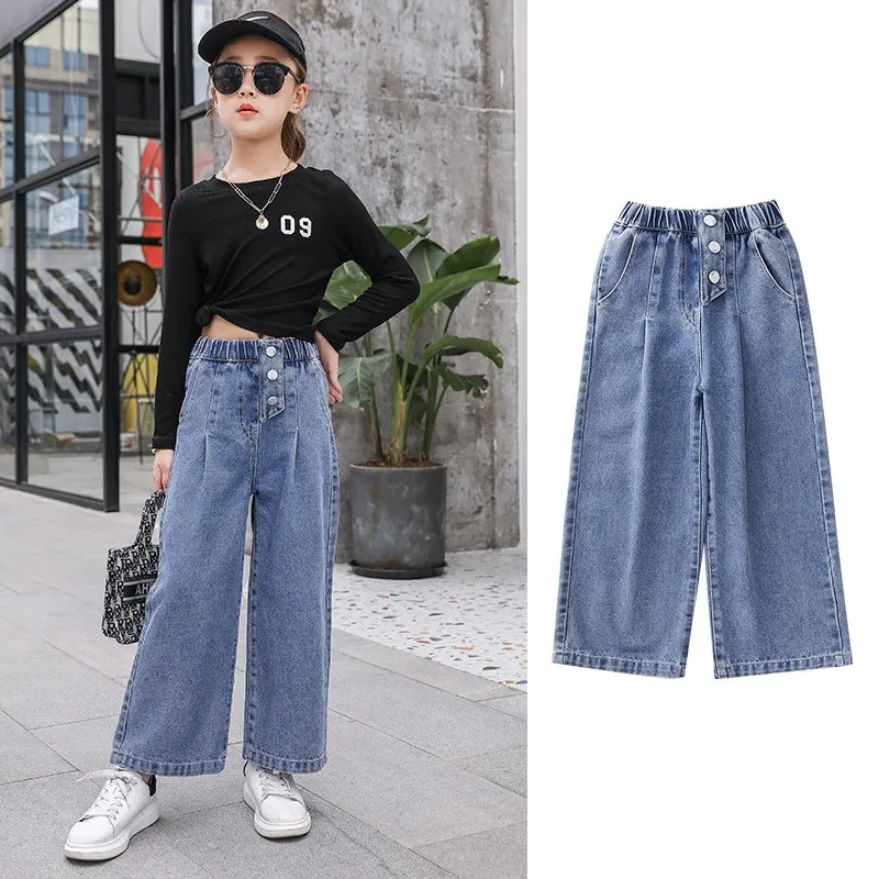 

Джинсовые брюки с широкими штанинами для девочек, модные однотонные брюки, новая модель на весну и осень, джинсы для подростков, повседневная одежда для девочек