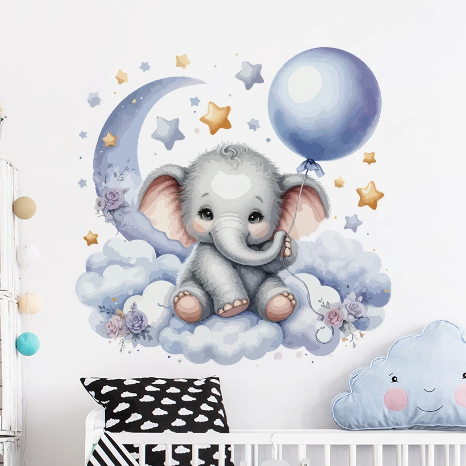 Adesivi murali luna elefante cartone animato blu per la camera dei bambini Decorazioni per la camera dei bambini Decorazioni per la camera da letto Soggiorno Decalcomanie da muro 2