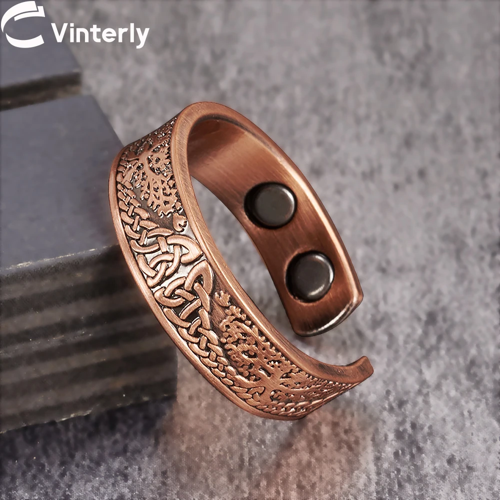Vinterly Magnetringe aus reinem Kupfer, Glücksbaum, Vintage, 6,5 mm, Gesundheit, Energie, Fingermanschette, verstellbarer Schmuck, hoher Magnet, größenverstellbar