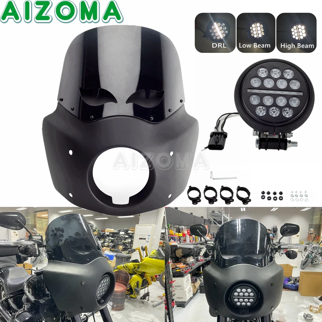 

2020 2021 2022 Motorcycle 12" Windshield Fairirng 5.75inch Headlight LED Cowl Cover For Harley Softail Low Rider S 114 117 FXLRS