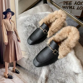 Ladies Loafers Fashion Women's Shoes Autumn Shoes for Ladies Winter Women Shoes Velvet Shoes Warm Flat-bottomed Shoes Rabbit Fur Leather Shoes