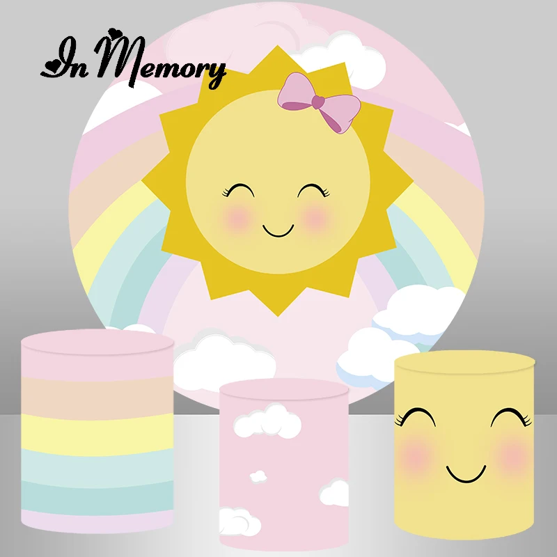 

Smile Sun Theme Round Backdrop Clouds Rainbow Soft Color Girls Newborn Baby Shower 1st Birthday Party Background Cylinder Covers