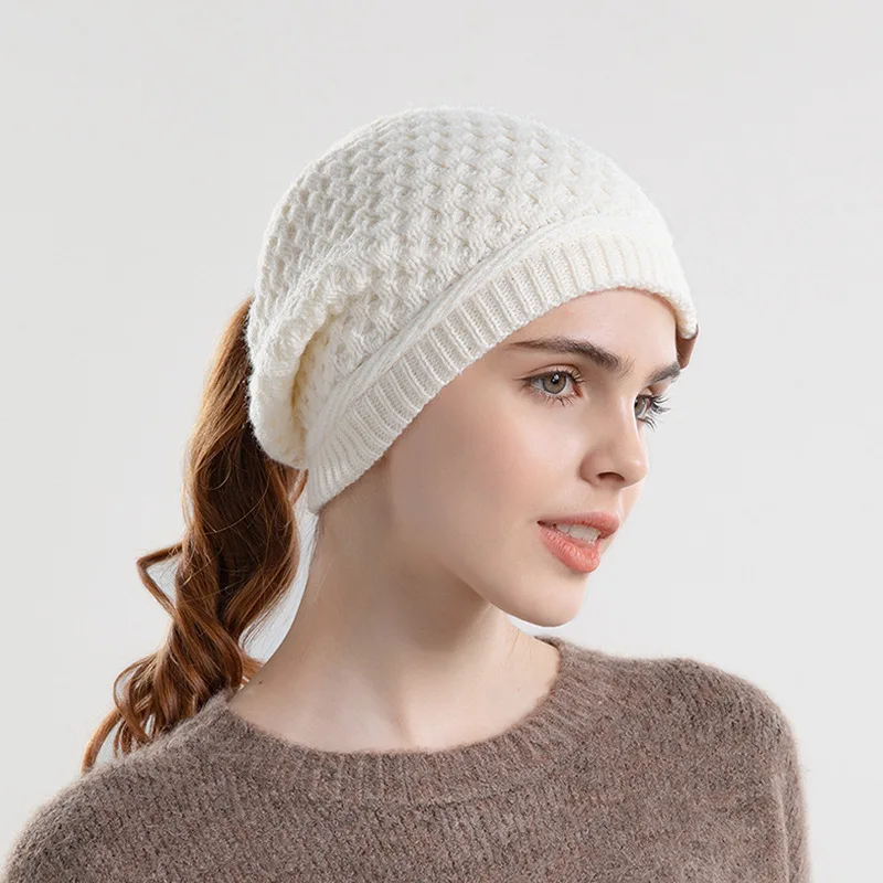 New Women Ponytail Hat Warm Slouchy Loose Knitted Hat with Hole Solid Color Beanie Home Outdoor Convenient Ear Protection Bonnet 6