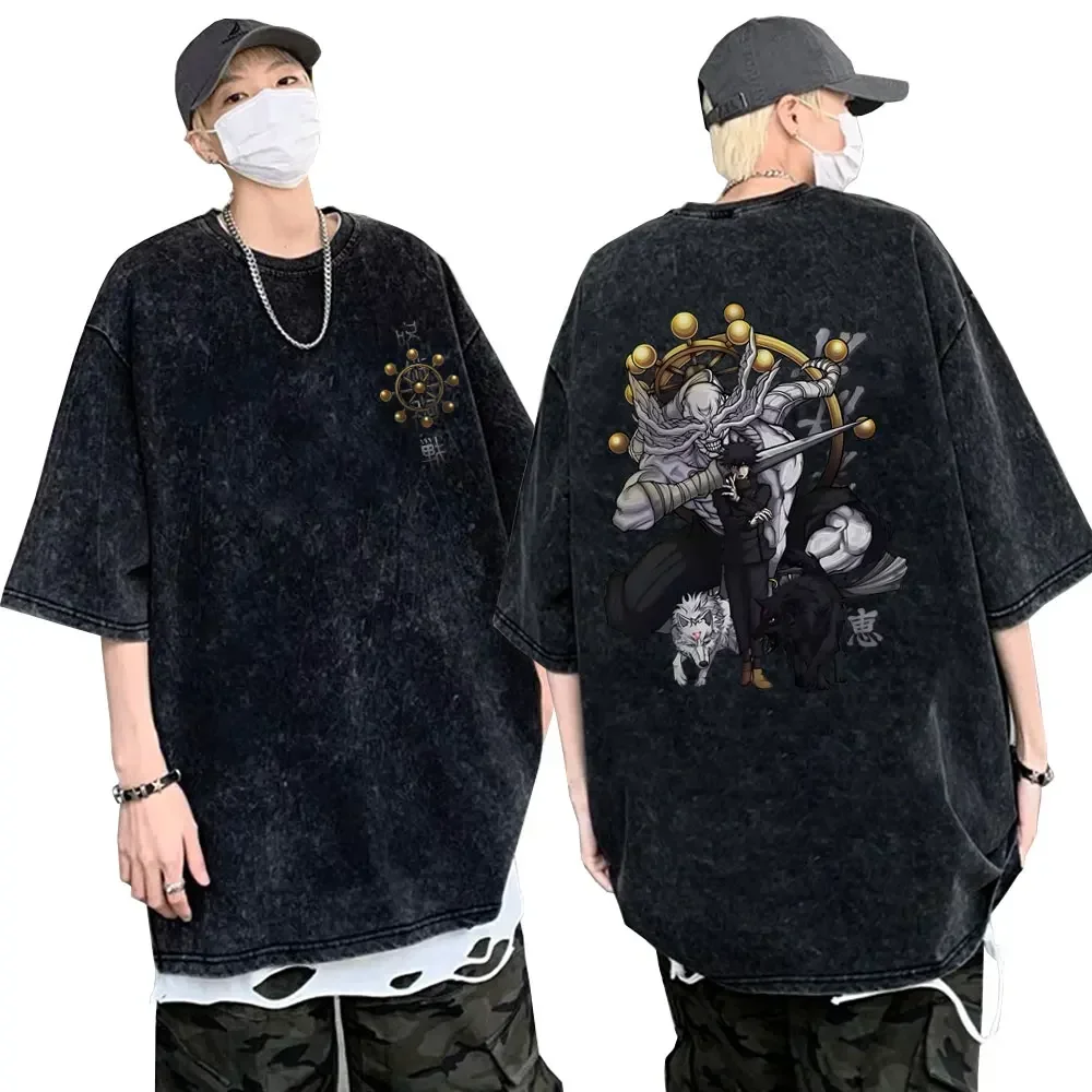 

Винтажная промытая футболка для мужчин и женщин с аниме ююютсу кайсен фушигуро Мегуми с графическим принтом Мужская футболка с коротким рукавом оверсайз Манга