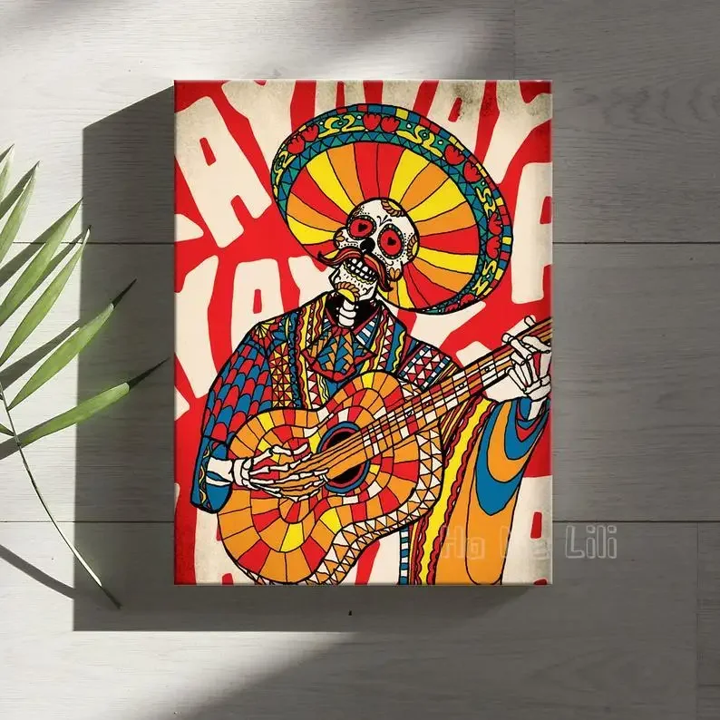 

Печать на холсте Mariachi с изображением сахарного черепа, настенное искусство, готический домашний декор, подарок, аутентичный День мертвых черепов