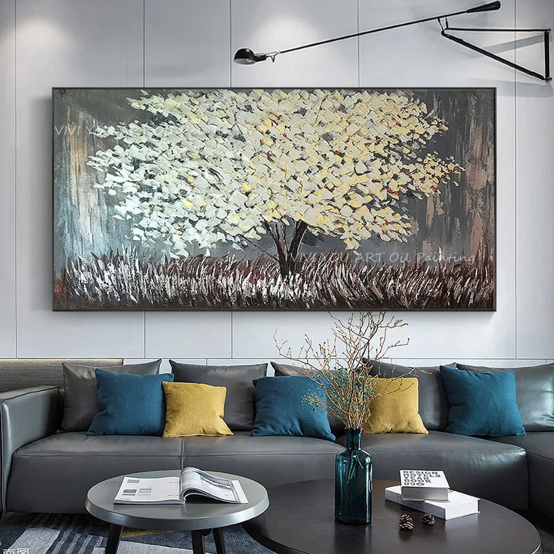 

Современная Абстрактная Настенная картина ручной работы 100%, пейзаж, холст, искусство, серебряное дерево, толстый нож, картина маслом для фотографий
