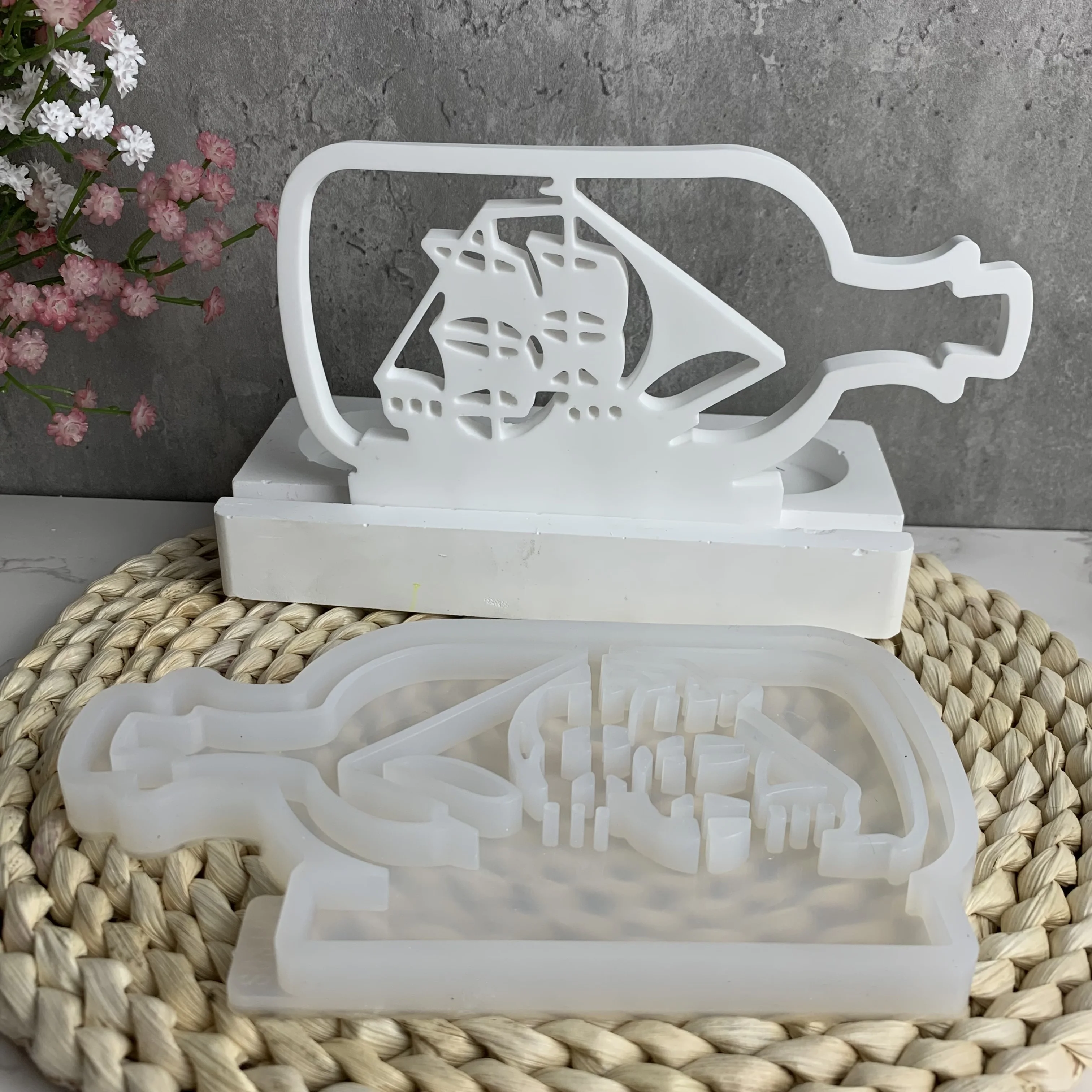 Drift Bottle Sailing Ornaments Candle Holder Silicone Mold DIY Sail Boat Cement Gypsum Clay Pouring Resin Mold Home Decoration