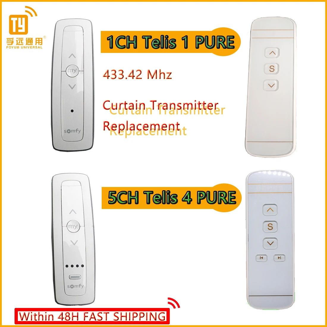 Auto Curtain Remote Control transmitter Telis 1 4 RTS Pure 433.4mhz 5 Channel Replacement window controller 1 channel emmit