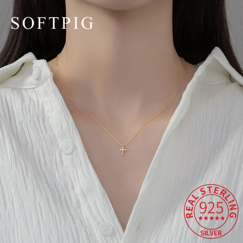 

SOFTPIG Real 925 Sterling Silver Zircon CZ Cross Choker Necklace for Women Classic Fine Jewelry Minimalist Accessories