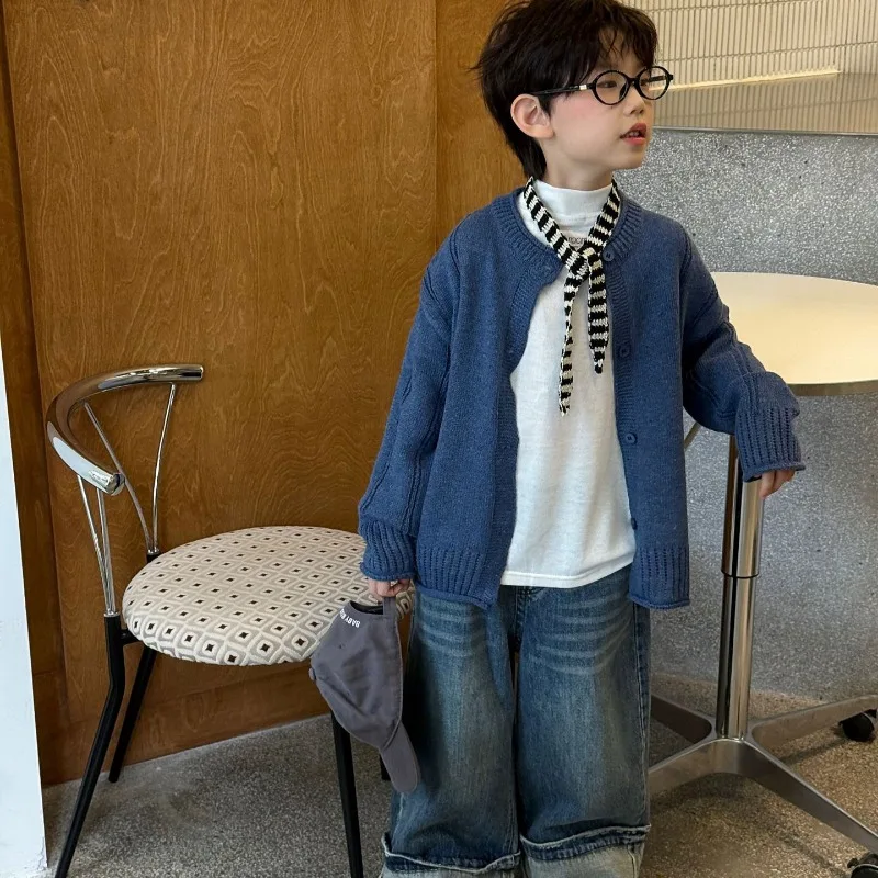 2026 새로운 봄 가을 어린이 커프스 청바지 한국 스타일 레트로 다목적 블루 와이드 레그 데님 바지 소년 캐주얼 바지 D5070