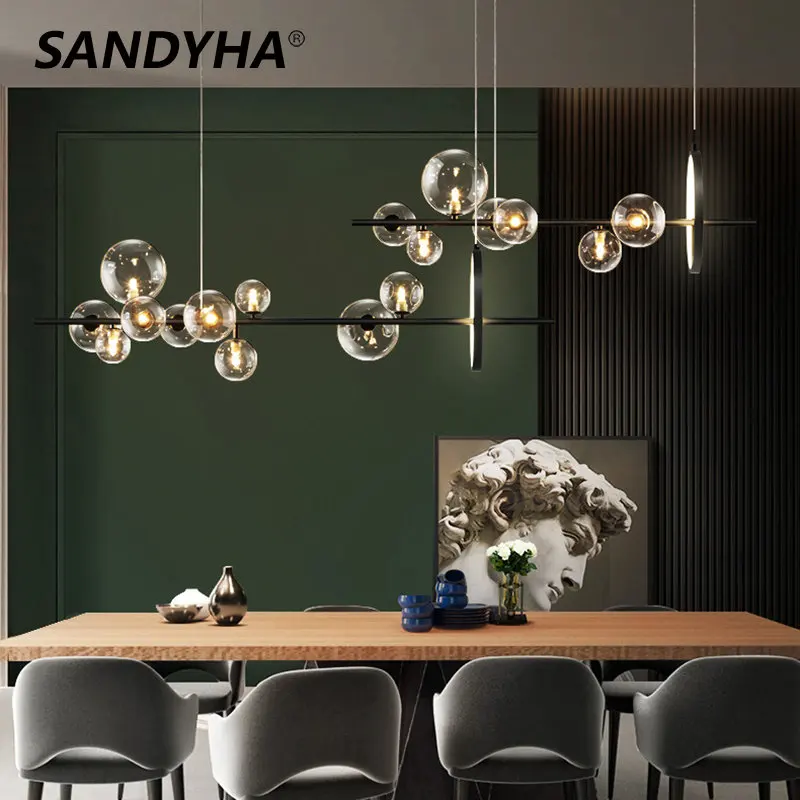 

SANDYHA Chandeliers Glass Ball Lustre Salon Design Luxe Pendant Lights Soffitto Moderno Dining Table Home Suspension Luminaire