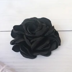 Set of 5 Large Handmade Satin Fabric Rose Flowers for Elegant Decor and Crafts (Black)