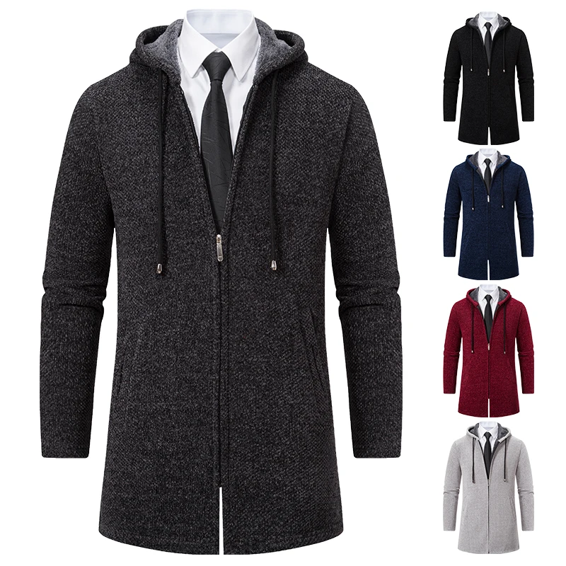 Men's Long Trench Coat Winter Fleece Long Jacket Knitted Sweater Luxury Designer Y2K High Quality Korean Style Hooded Cardigan