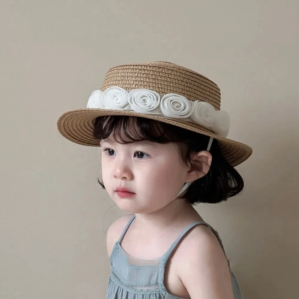 Trendy Summer Baby Straw Caps French Vacation Flower Lace Straw Hat Beach Travel Children Sun Hat for