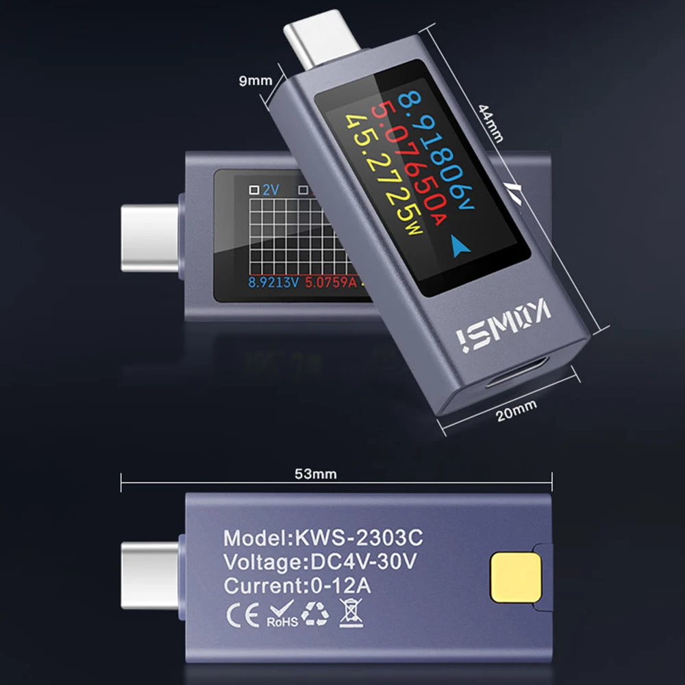 HD TFT 디스플레이가 장착된 Type-C 파워 미터 KWS-2303C, 충전기 및 배터리의 실시간 전압, 전류, 전력 용량 모니터링